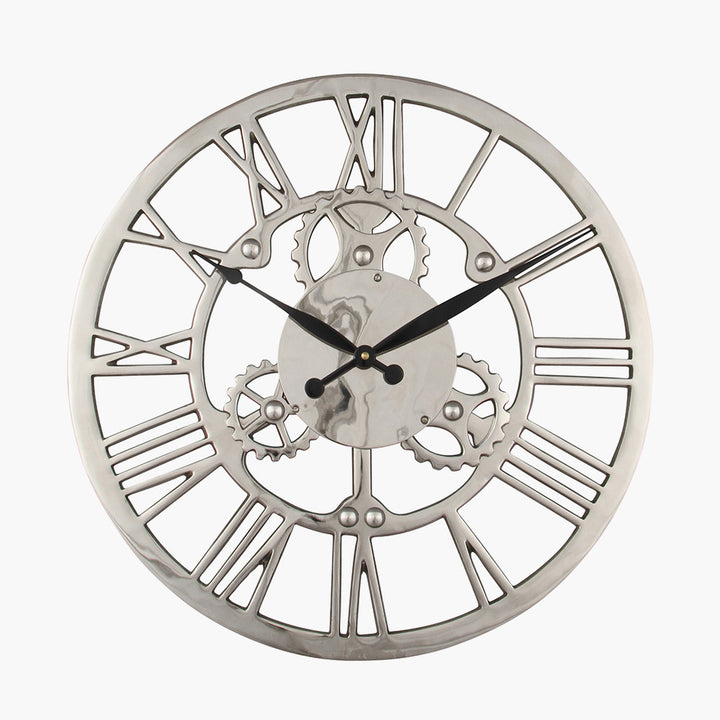 Silver Metal Cog Design Round Wall Clock