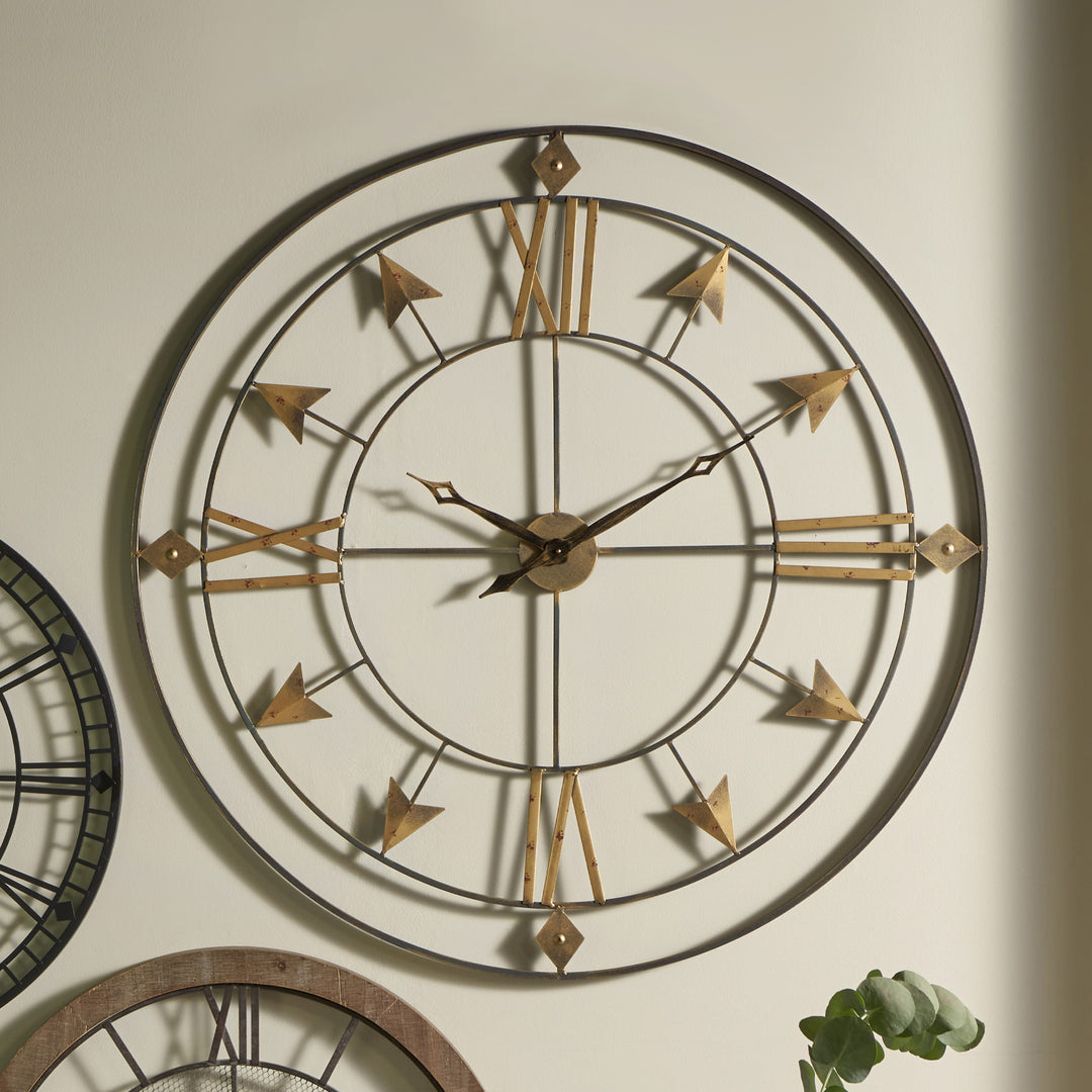 Graphite and Gold Metal Round Wall Clock Large