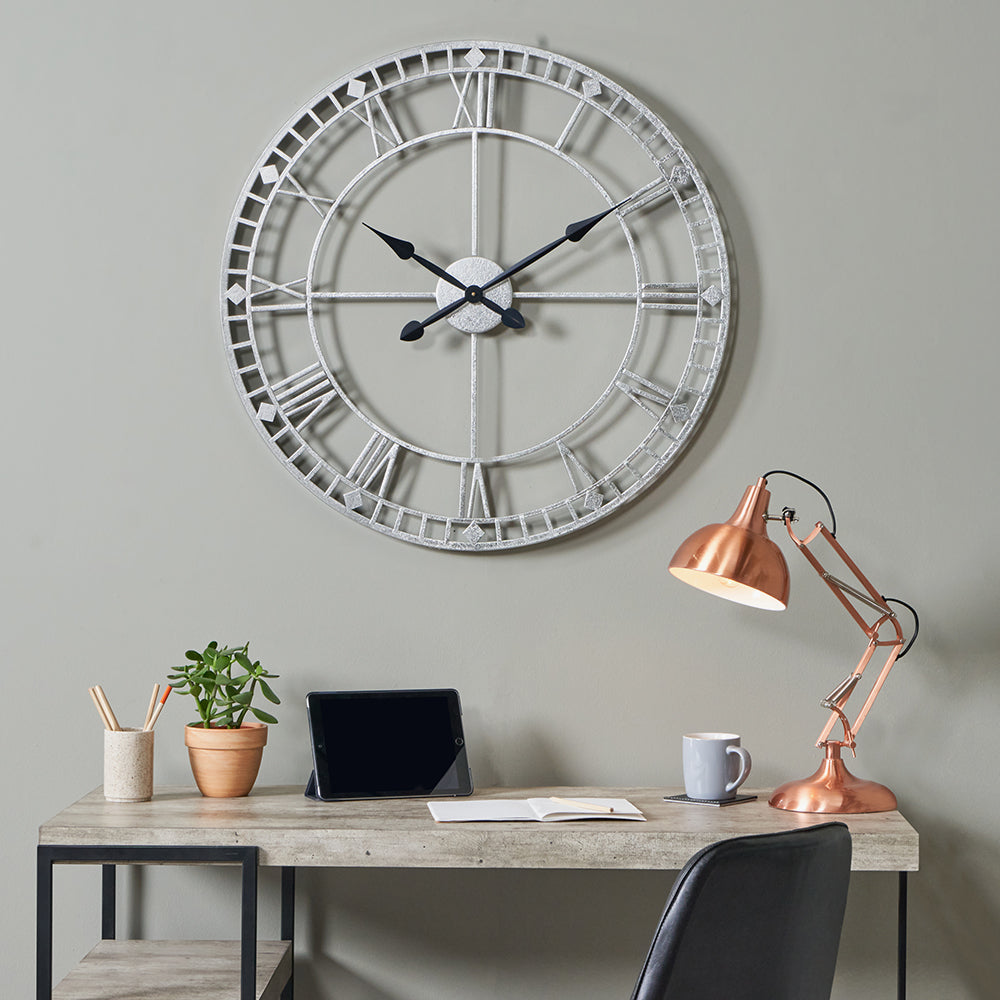 Antique Silver Metal Round Wall Clock Large