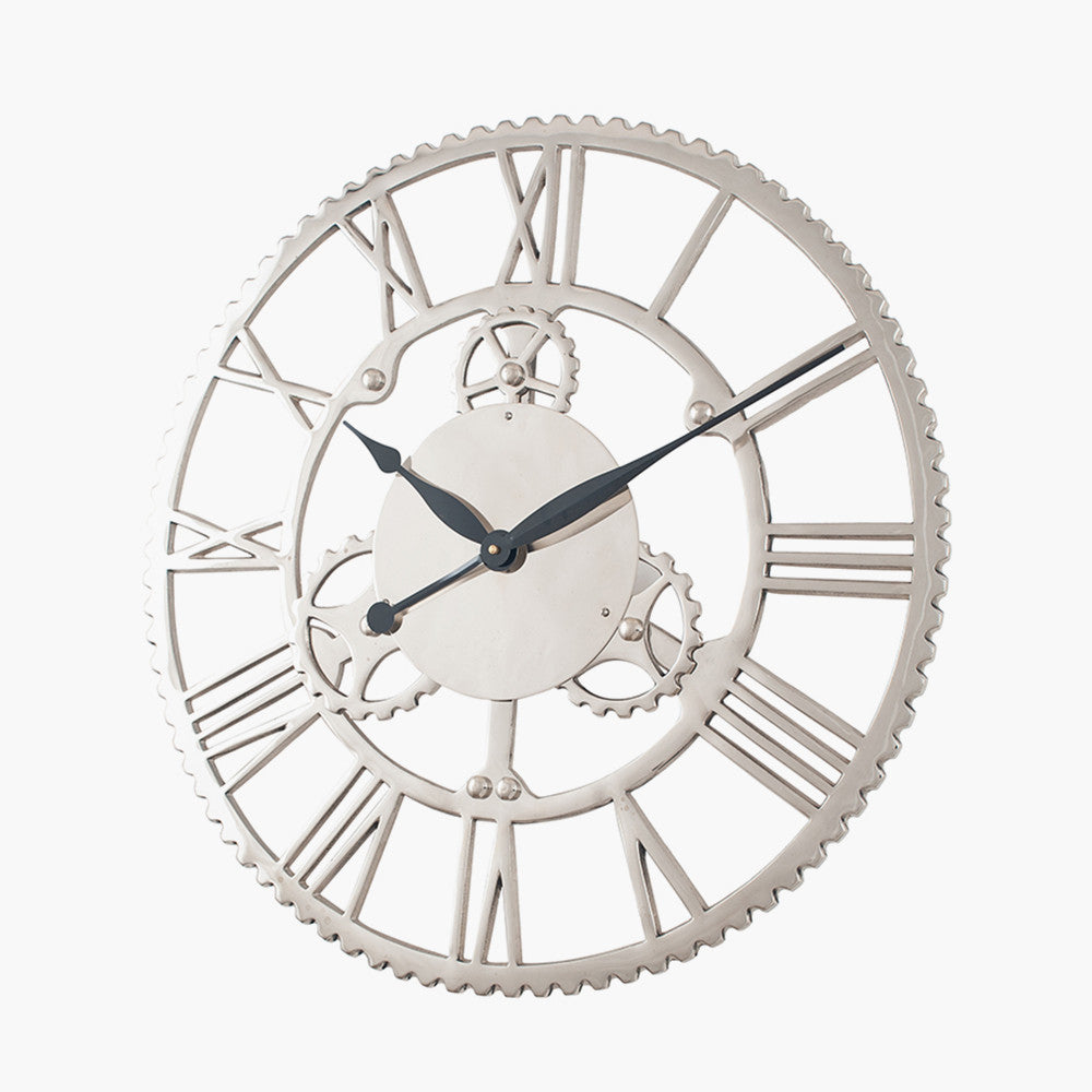 Silver Metal Cog Design Round Wall Clock Large