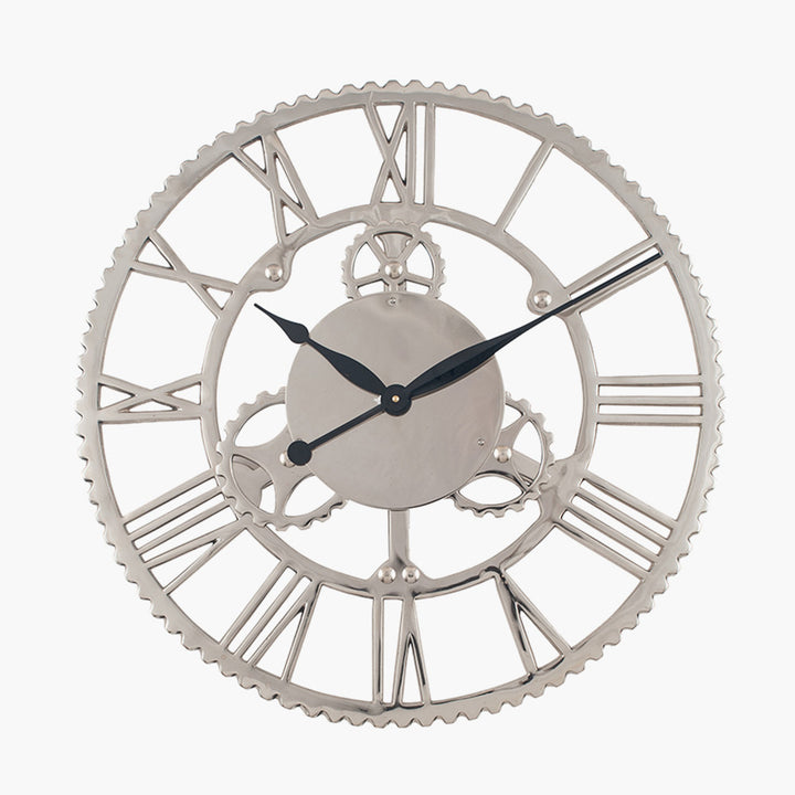 Silver Metal Cog Design Round Wall Clock Large