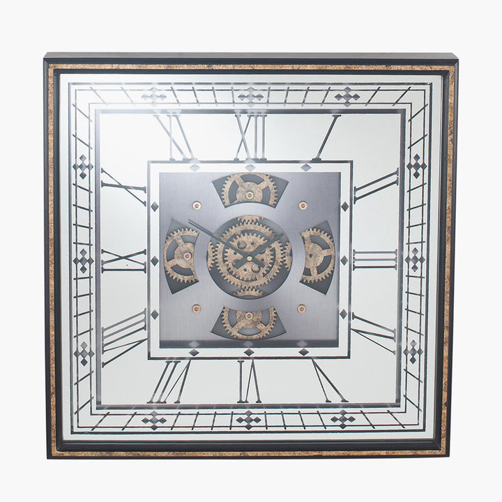 Antique Gold Wood and Mirror Working Cog Square Wall Clock