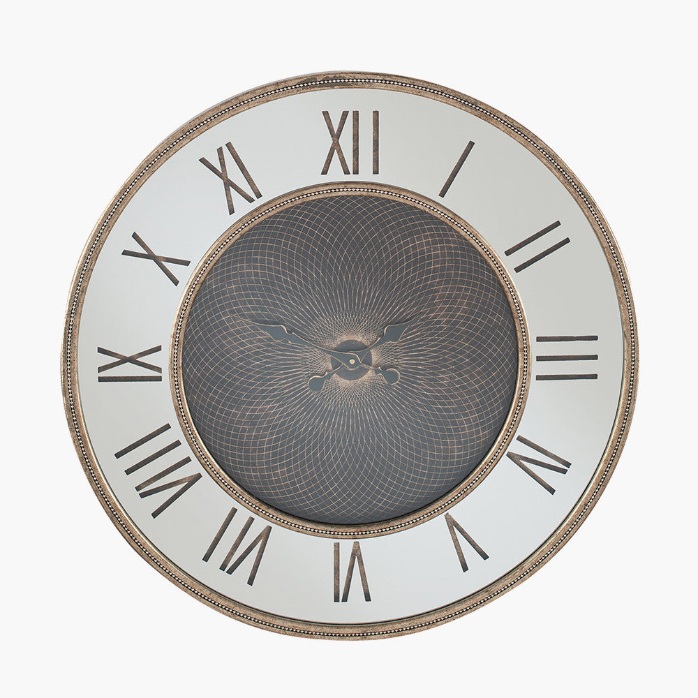 Antique Gold Wood and Geo Print Mirror Wall Clock