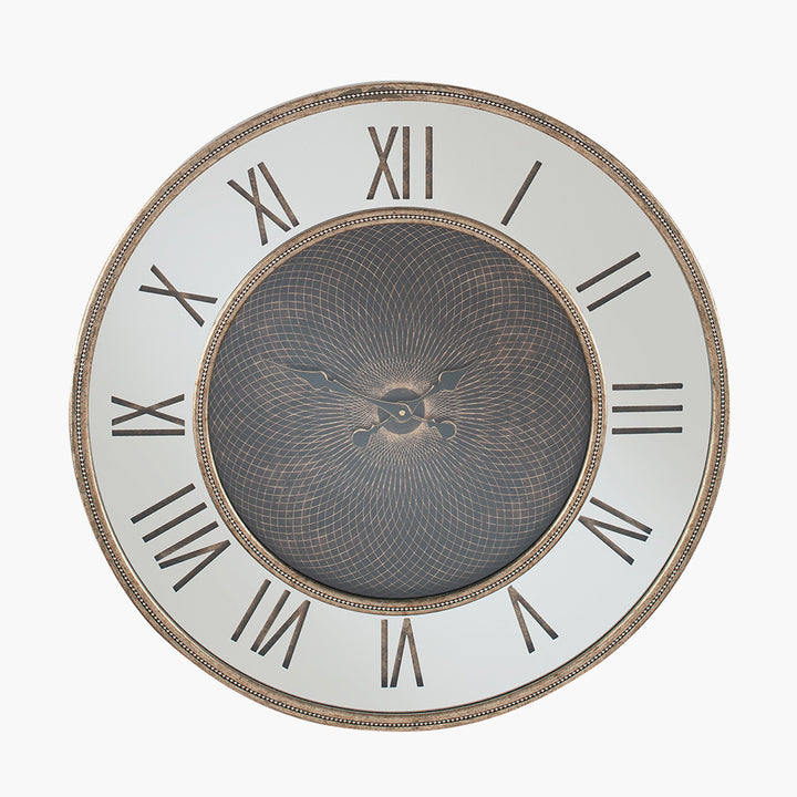 Antique Gold Wood and Geo Print Mirror Wall Clock