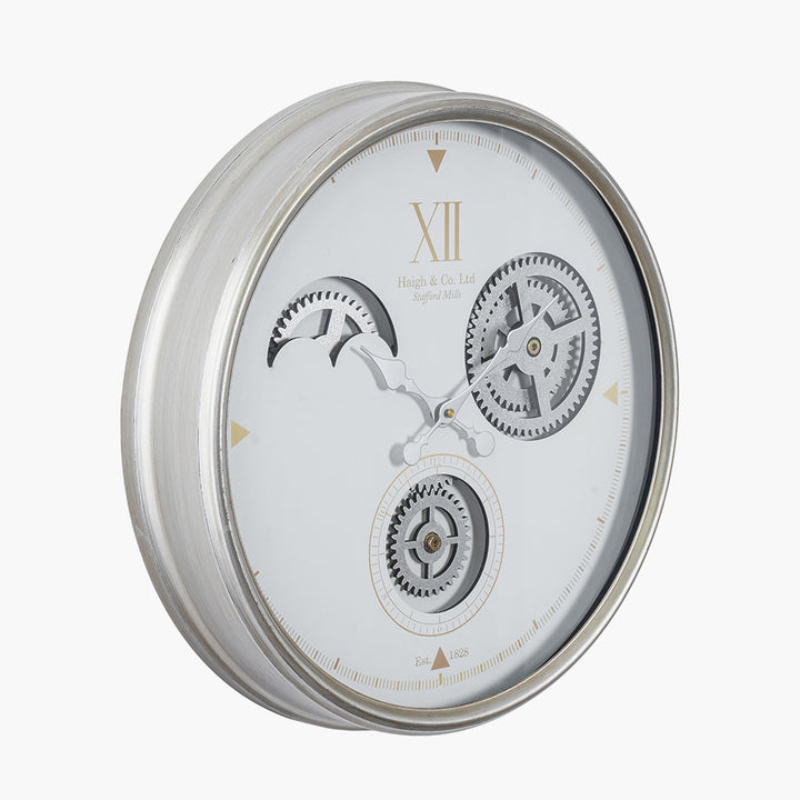 White and Silver Metal Working Cog Wall Clock