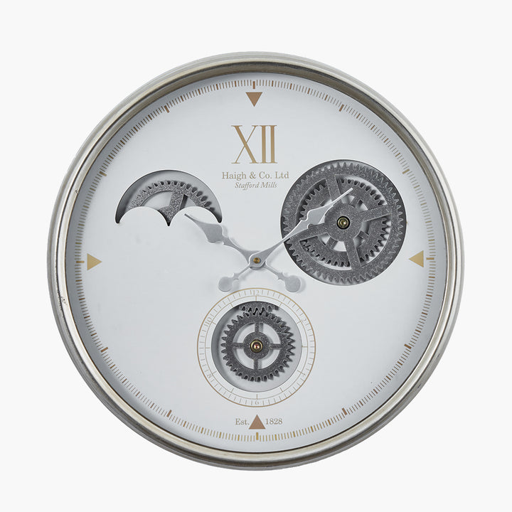 White and Silver Metal Working Cog Wall Clock