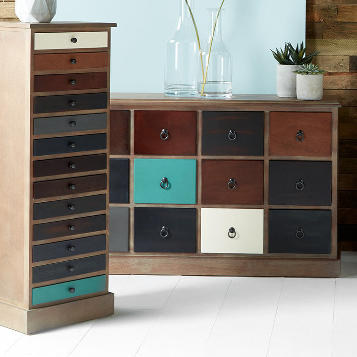 Loft Blue Multicoloured Pine Wood 12 Drawer Unit