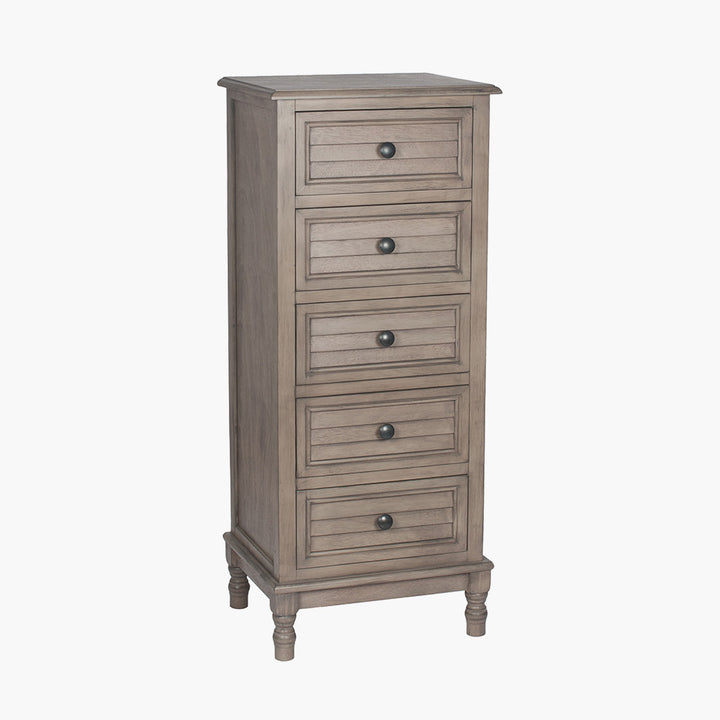 Ashwell Taupe Pine Wood 5 Drawer Tall Boy