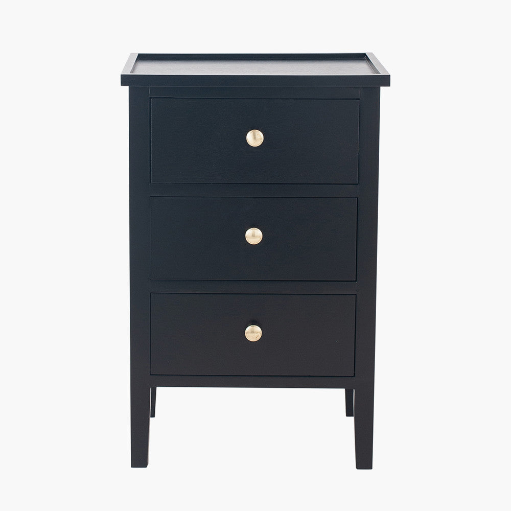 Chelmsford Satin Black Pine Wood 3 Drawer Bedside Unit