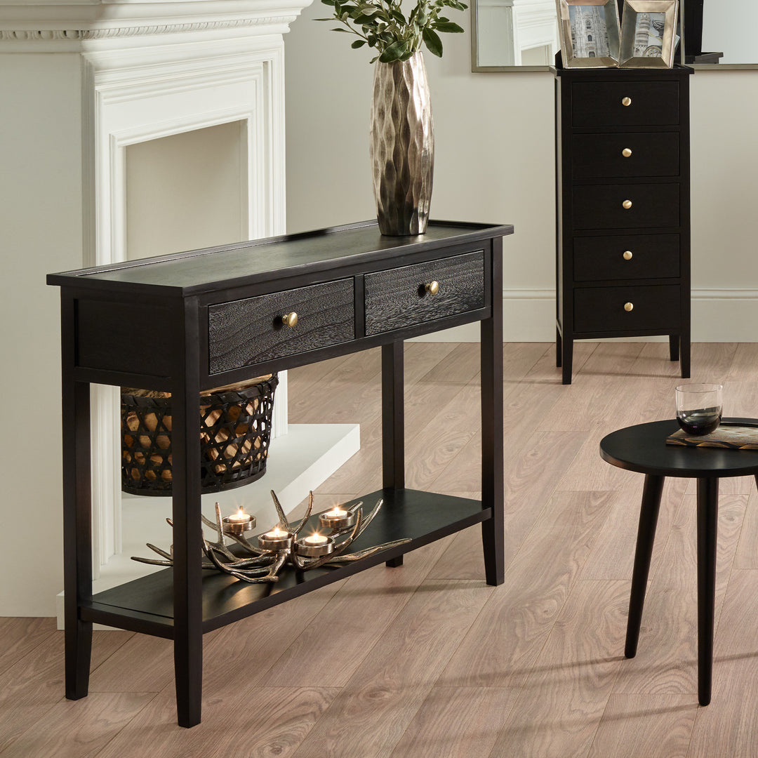 Chelmsford Satin Black Pine Wood 2 Drawer Console Table