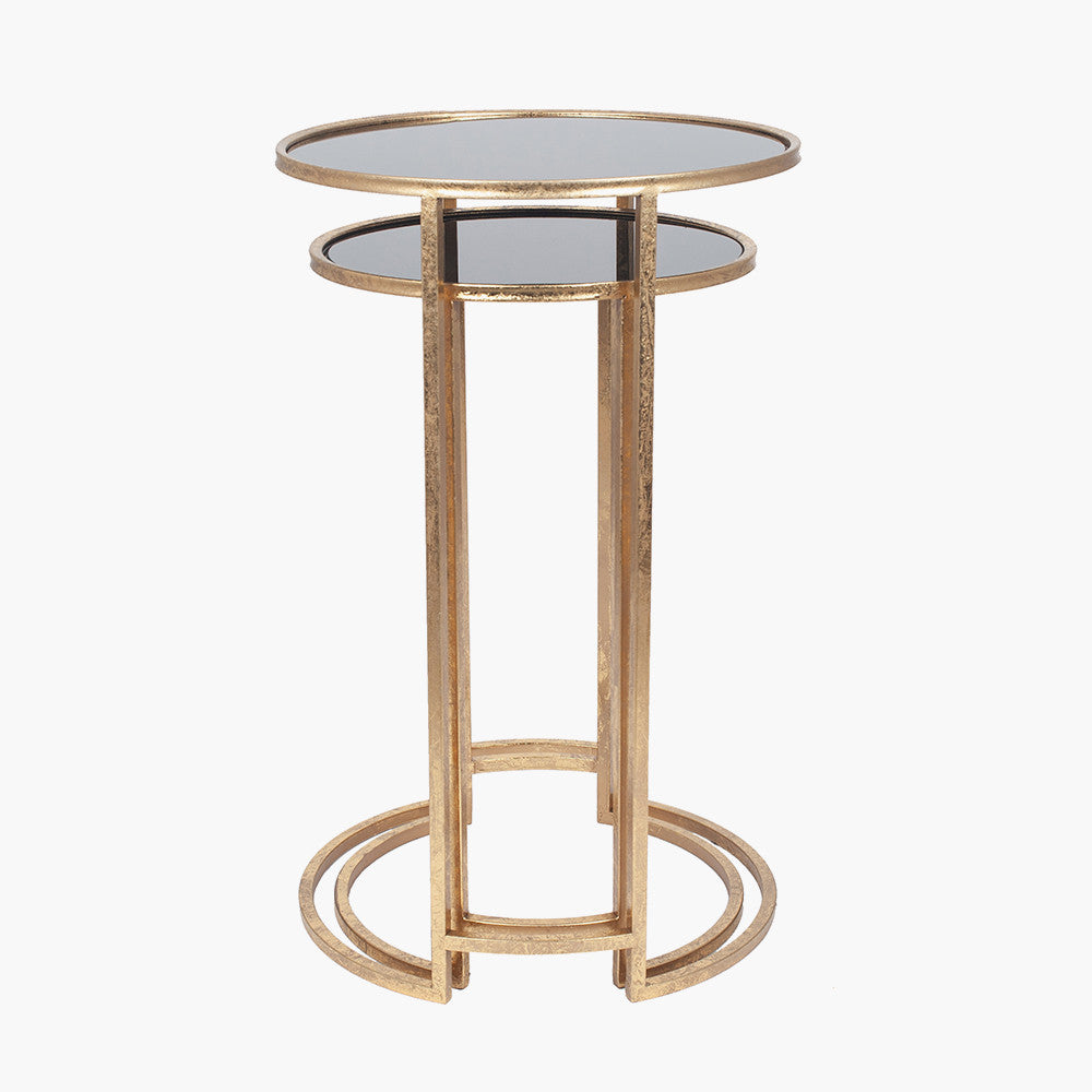 Veneziano S/2 Antique Gold Metal and Black Glass Side Tables