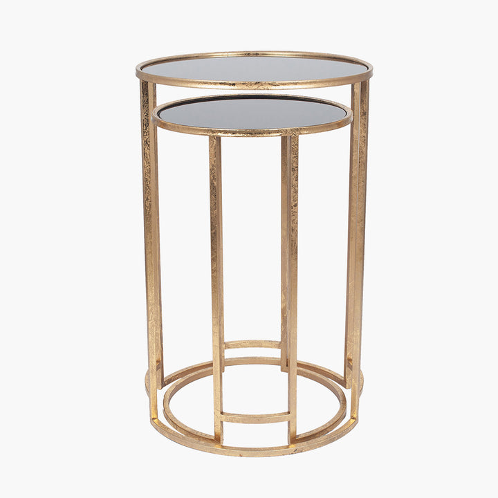 Veneziano S/2 Antique Gold Metal and Black Glass Side Tables