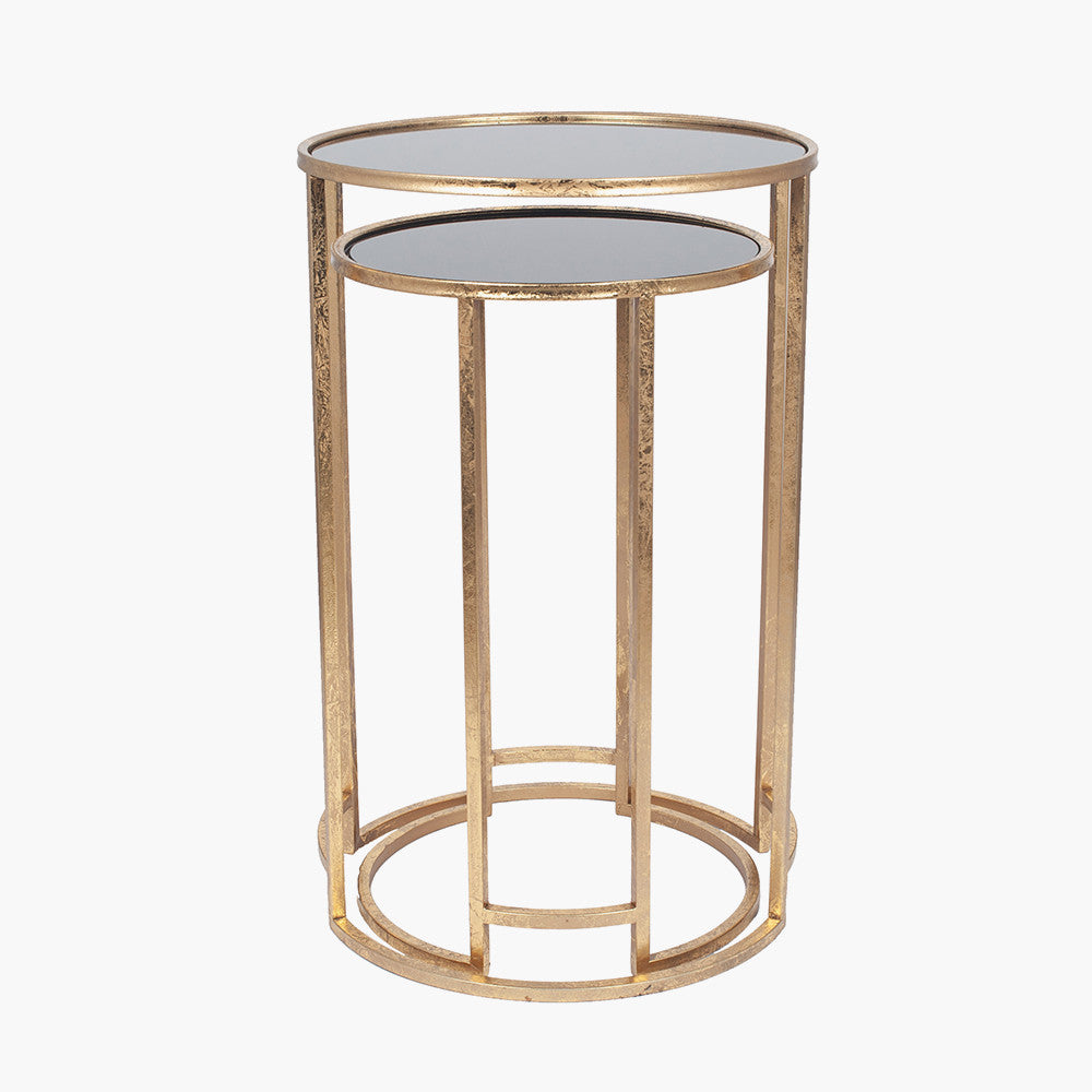 Veneziano S/2 Antique Gold Metal and Black Glass Side Tables