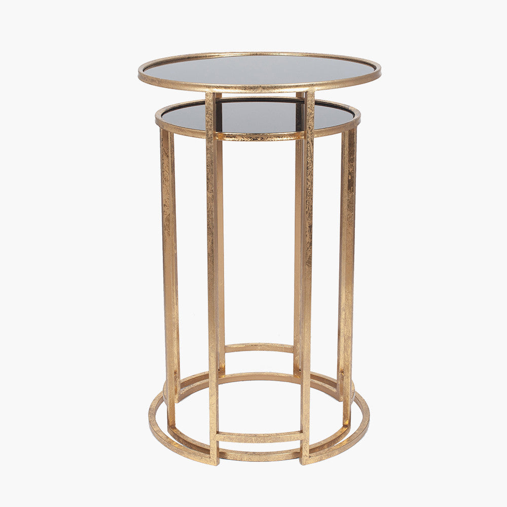 Veneziano S/2 Antique Gold Metal and Black Glass Side Tables