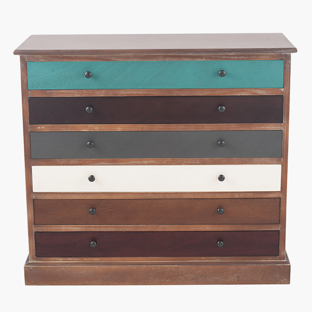 Loft Blue Multicoloured Pine Wood 6 Drawer Unit