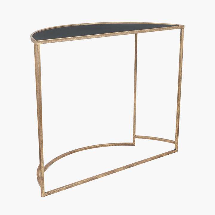 Veneziano Antique Gold Metal and Black Glass Half Moon Console Table