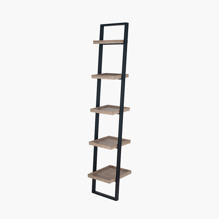 Gallery Natural Wood Veneer and Black Metal 5 Shelf Ladder Unit