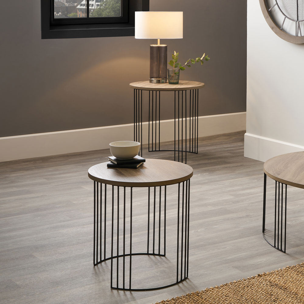 Atri S/2 Dark Oak Wood Veneer and Black Metal Side Tables