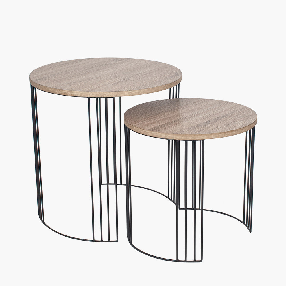 Atri S/2 Dark Oak Wood Veneer and Black Metal Side Tables