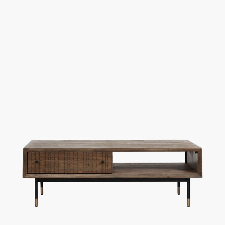 Arte Dark Brown Acacia Wood and Black Metal 2 Drawer Coffee Table