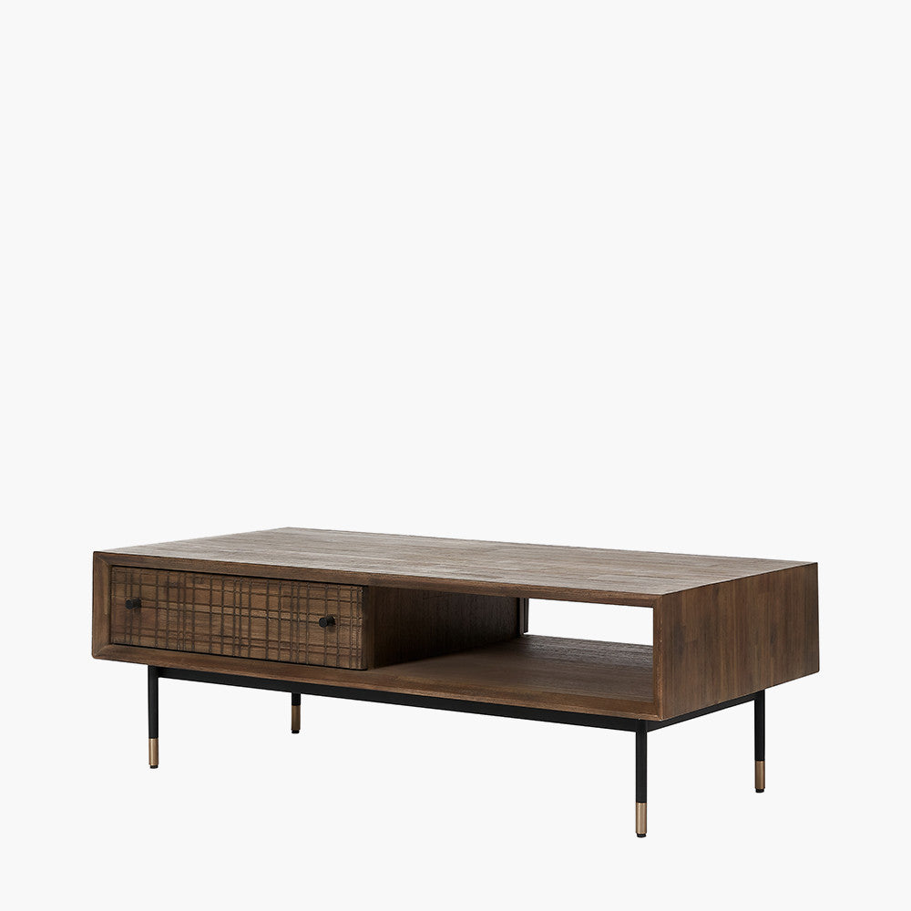 Arte Dark Brown Acacia Wood and Black Metal 2 Drawer Coffee Table