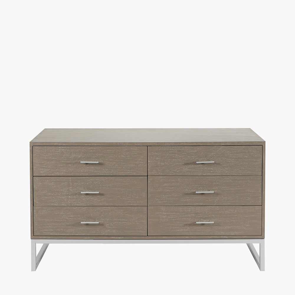 Ambroso Grey Wash Mango Wood and Silver Metal 6 Drawer Unit