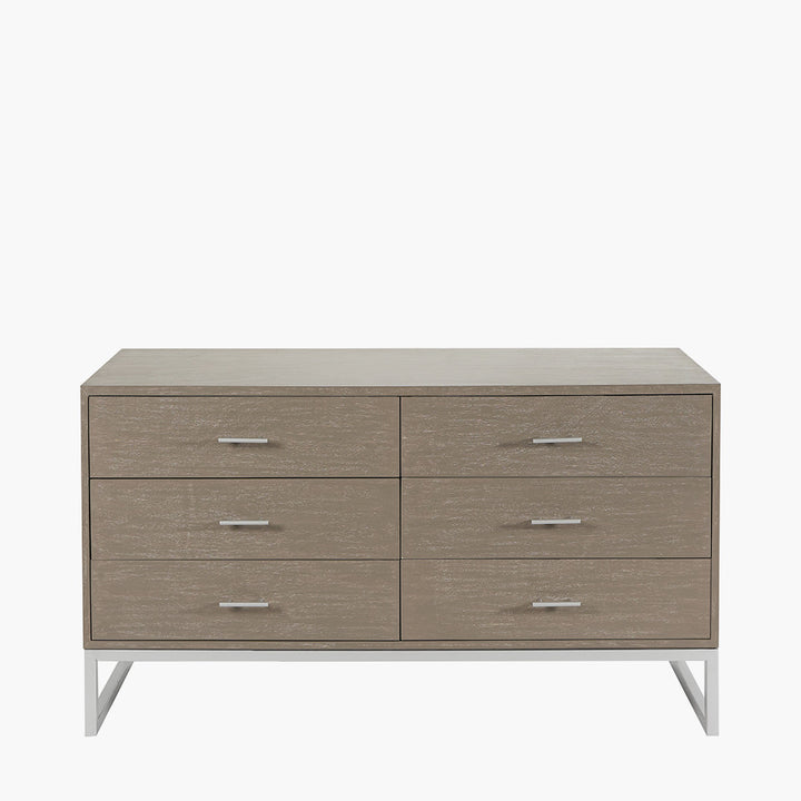 Ambroso Grey Wash Mango Wood and Silver Metal 6 Drawer Unit