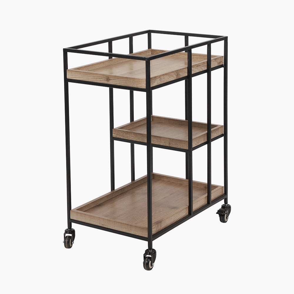 Gallery Natural Wood Veneer and Black Metal Bar Trolley