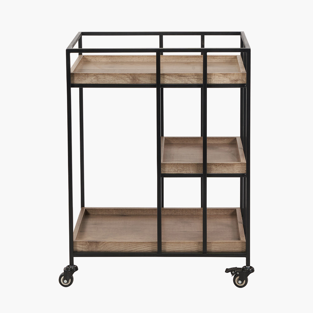 Gallery Natural Wood Veneer and Black Metal Bar Trolley