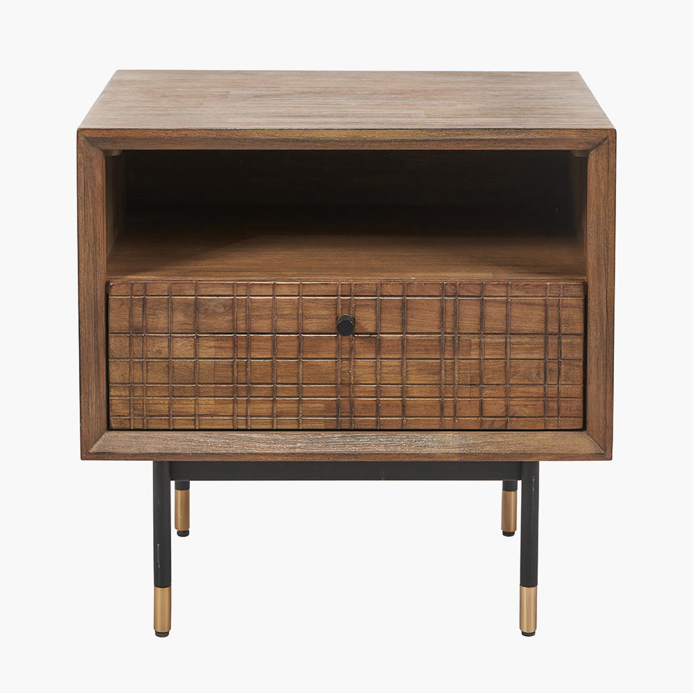 Arte Dark Brown Acacia Wood and Black Metal Bedside Unit