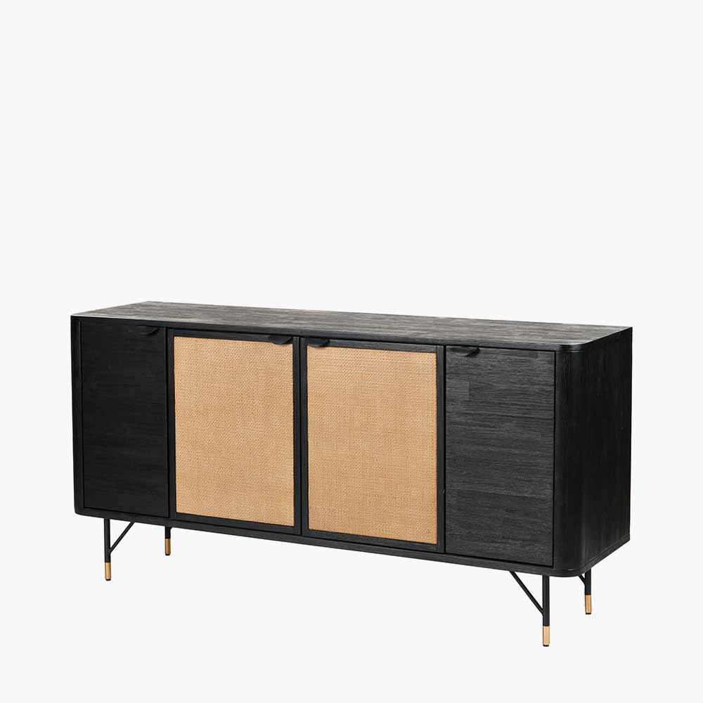 Fiji Black Acacia Wood and Natural Rattan 4 Door Sideboard