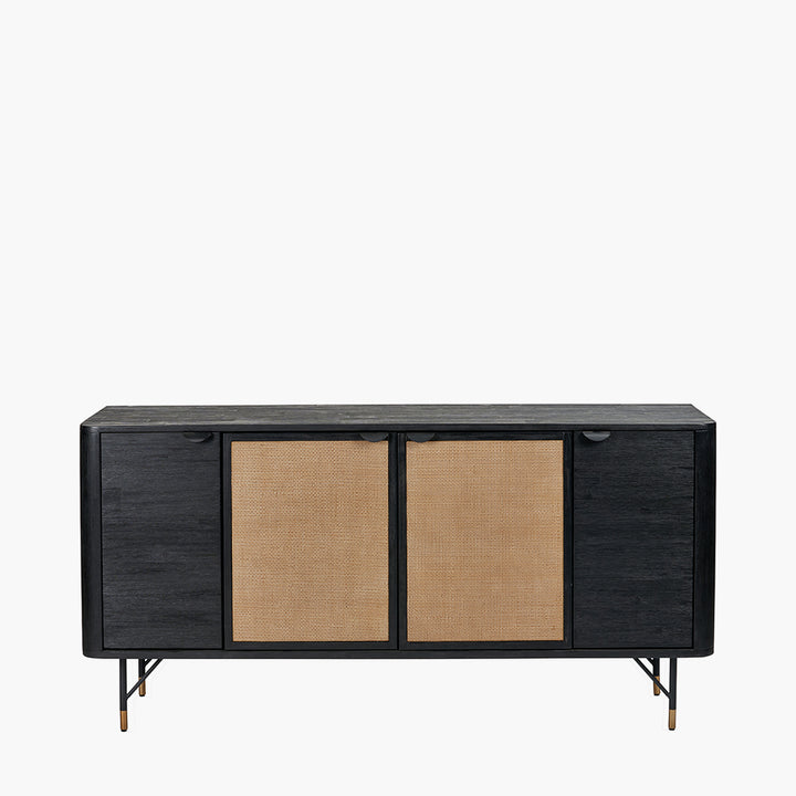 Fiji Black Acacia Wood and Natural Rattan 4 Door Sideboard