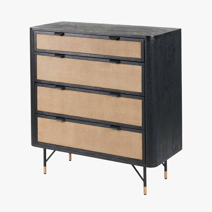 Fiji Black Acacia Wood and Natural Rattan 4 Drawer Unit