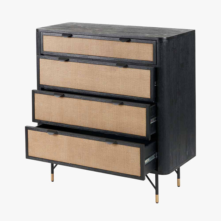 Fiji Black Acacia Wood and Natural Rattan 4 Drawer Unit