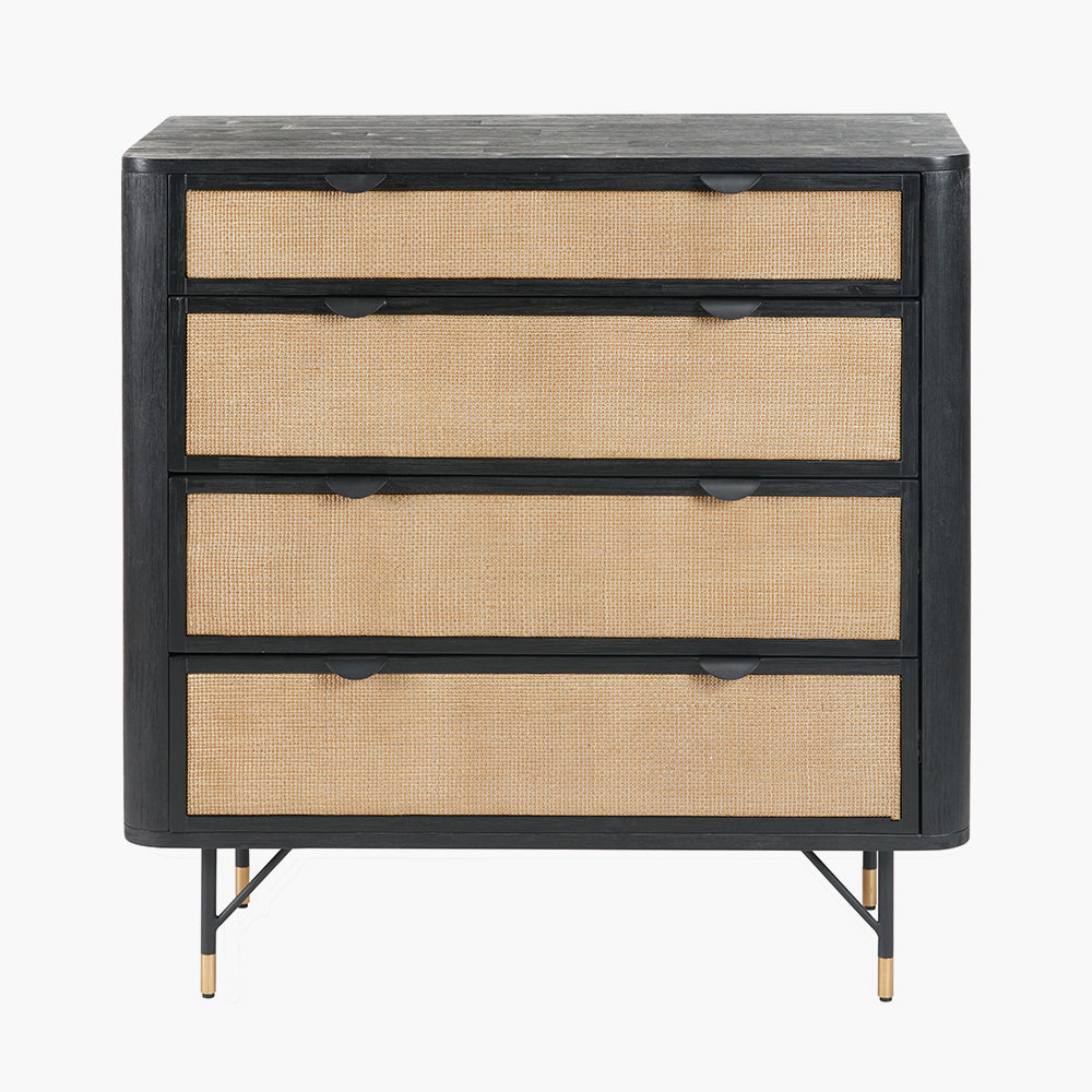 Fiji Black Acacia Wood and Natural Rattan 4 Drawer Unit