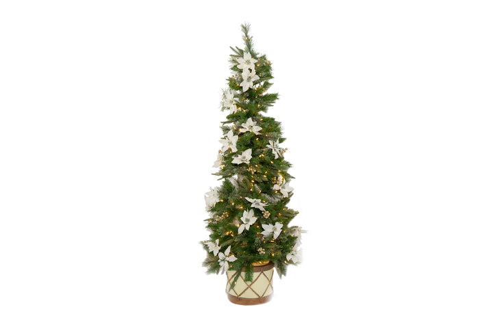 6' Colonial Fir Tree 200 Warm White LED Lights With 20 White Poinsettia & 16 Golden Berries In White Drum Base