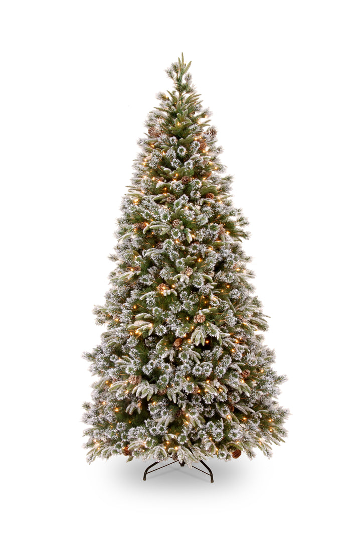 7' Liberty Pine Tree 450 Warm White LED Lights Medium Hinged Tree With Snow & 240 Pine Cones