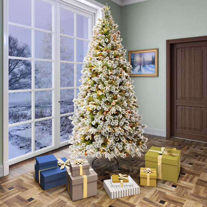 7' Liberty Pine Tree 450 Warm White LED Lights Medium Hinged Tree With Snow & 240 Pine Cones