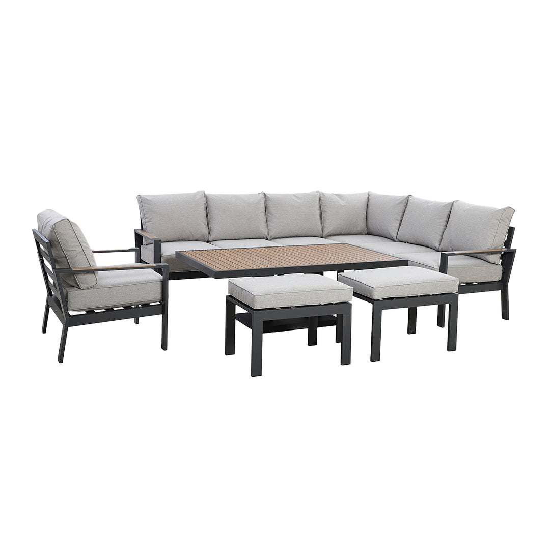 Maze -  Vancouver Large Aluminium Corner Dining Set with Rectangular Rising Table, 2 Stools & Armchair