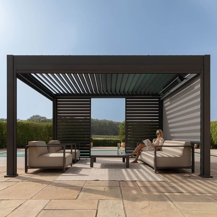 Eden Pergola Aluminium Rectangular 3m x4m / Louvre Wall 4m / 3x Blinds - Complete Kit - Modern Rattan Ltd