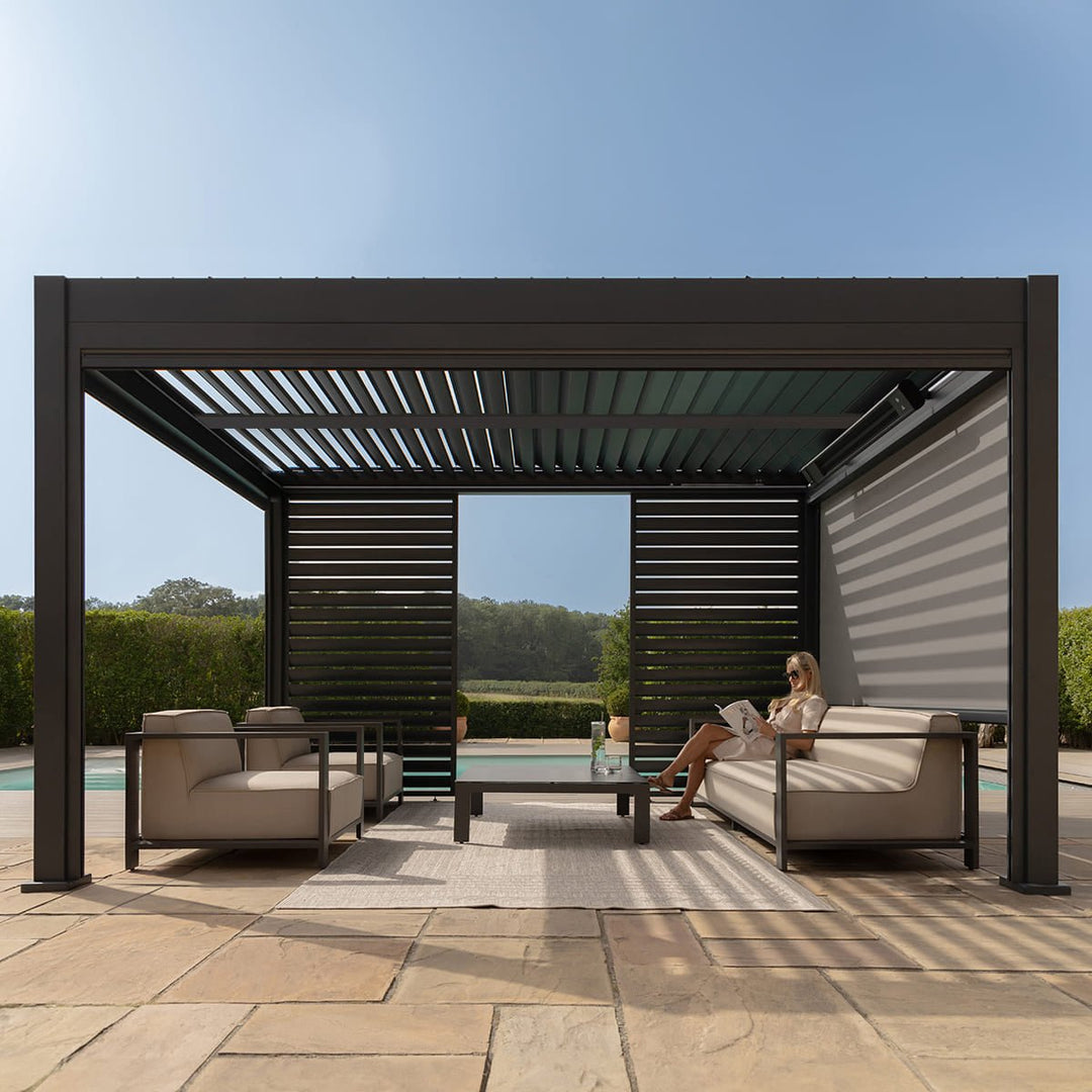 Eden Pergola Aluminium Square 4m x4m / Louvre Wall 4m / 3x Blinds - Complete Kit - Modern Rattan Ltd