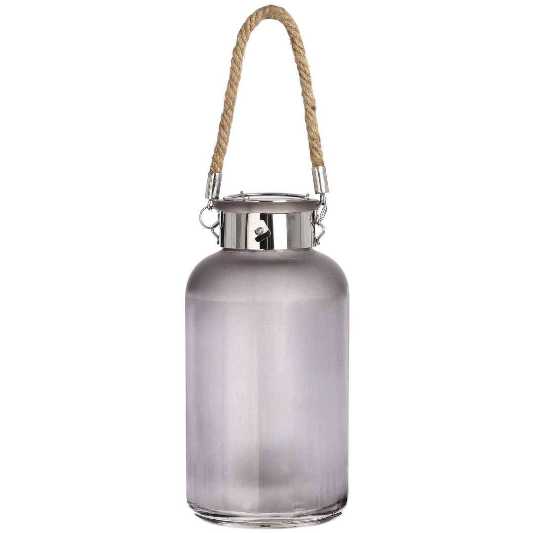 Frosted Grey Glass Lantern with Rope Detail and LED - Modern Rattan Ltd