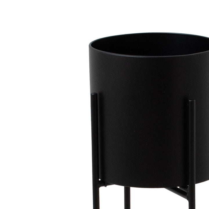 Large Matt Black Cylindrical Planter On Black Frame - Modern Rattan Ltd