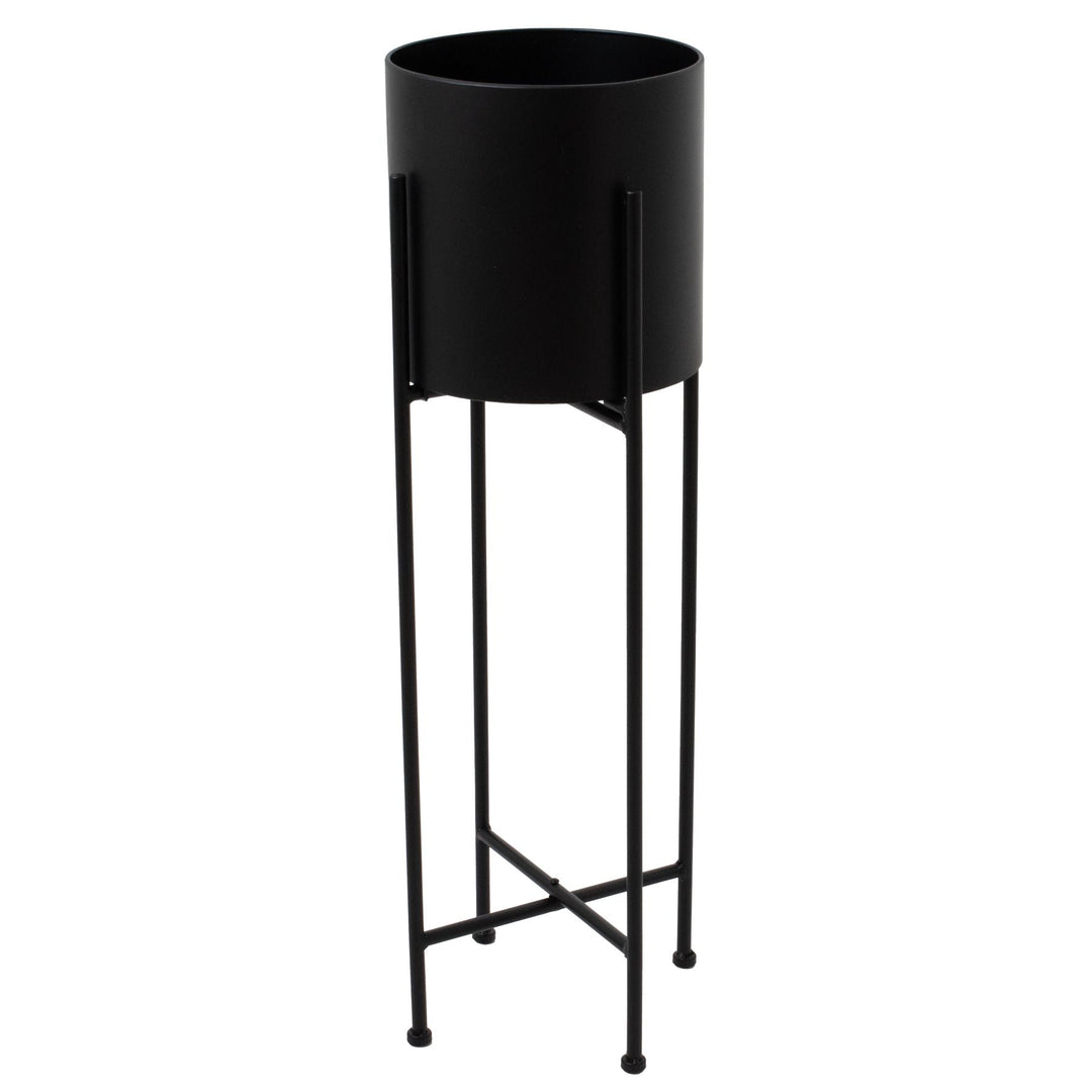 Large Matt Black Cylindrical Planter On Black Frame - Modern Rattan Ltd