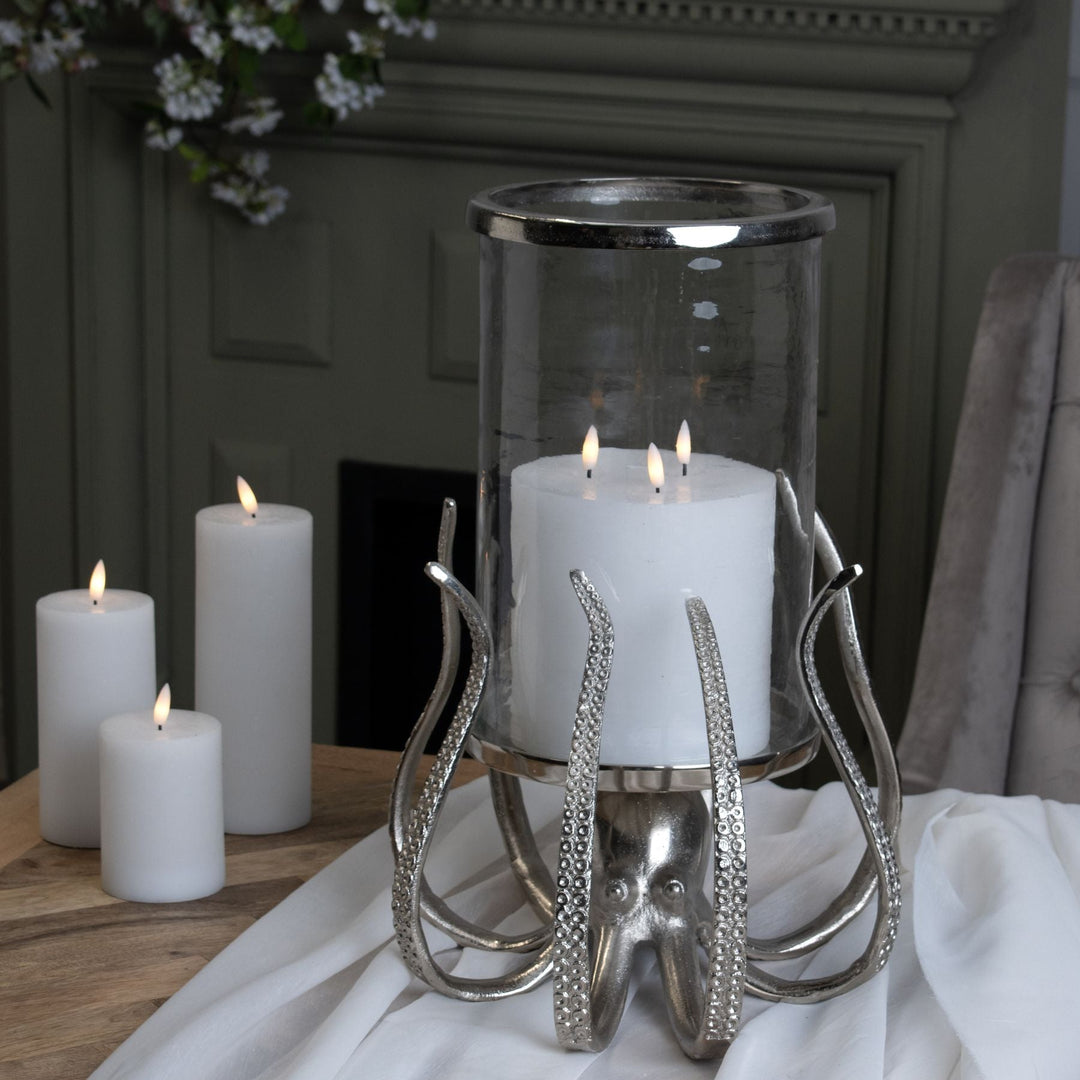 Large Silver Octopus Candle Hurricane Lantern - Modern Rattan Ltd