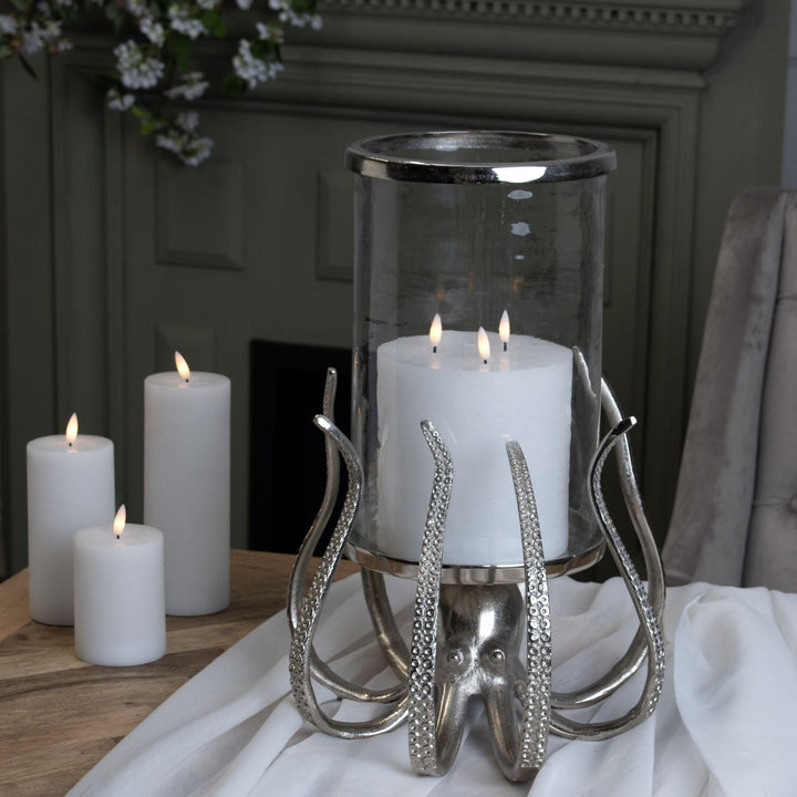 Large Silver Octopus Candle Hurricane Lantern - Modern Rattan Ltd