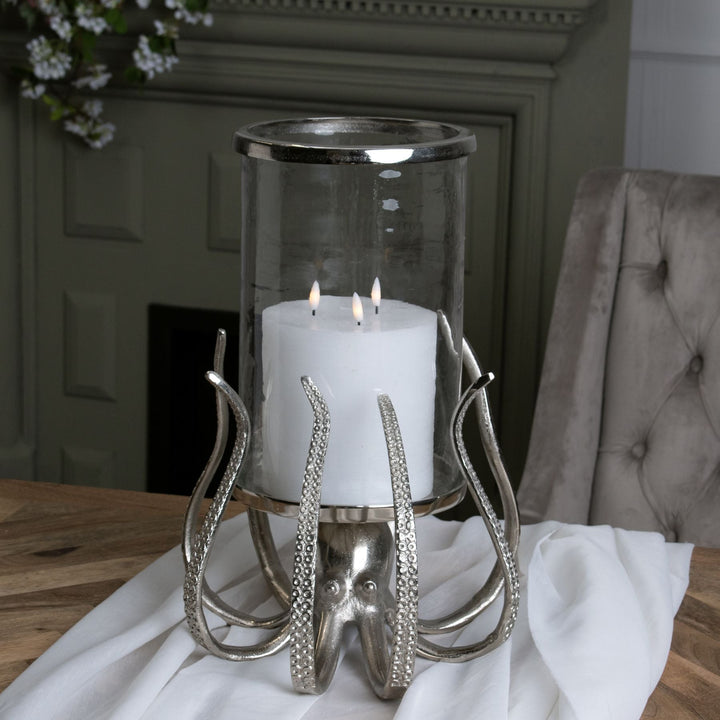 Large Silver Octopus Candle Hurricane Lantern - Modern Rattan Ltd