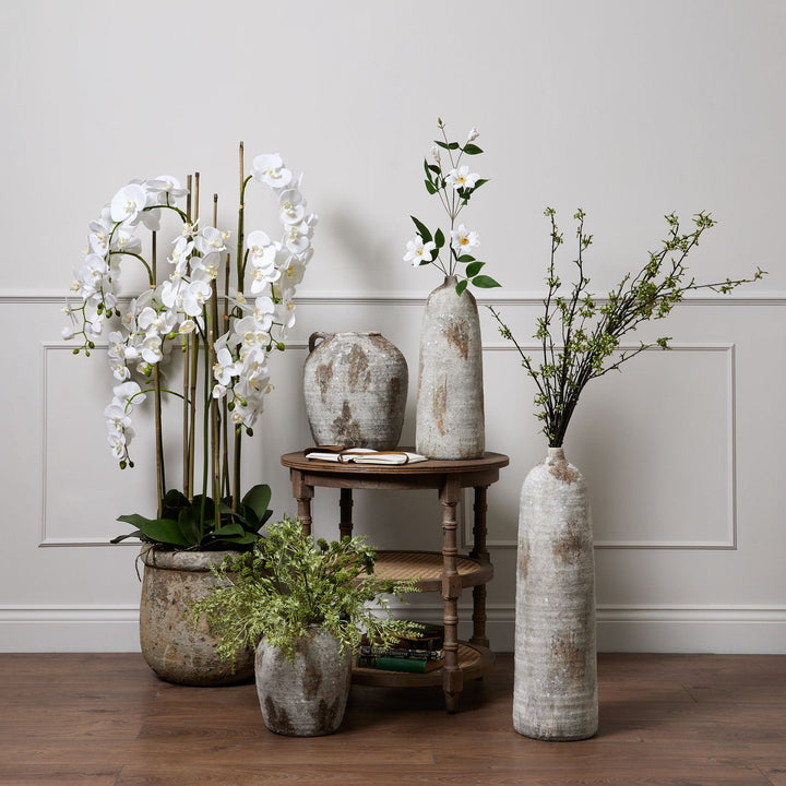 Large White Orchid In Antique Stone Pot - Modern Rattan Ltd