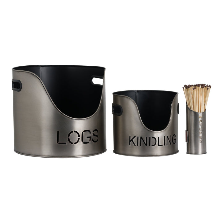 Pewter Finish Logs And Kindling Buckets & Matchstick Holder - Modern Rattan Ltd