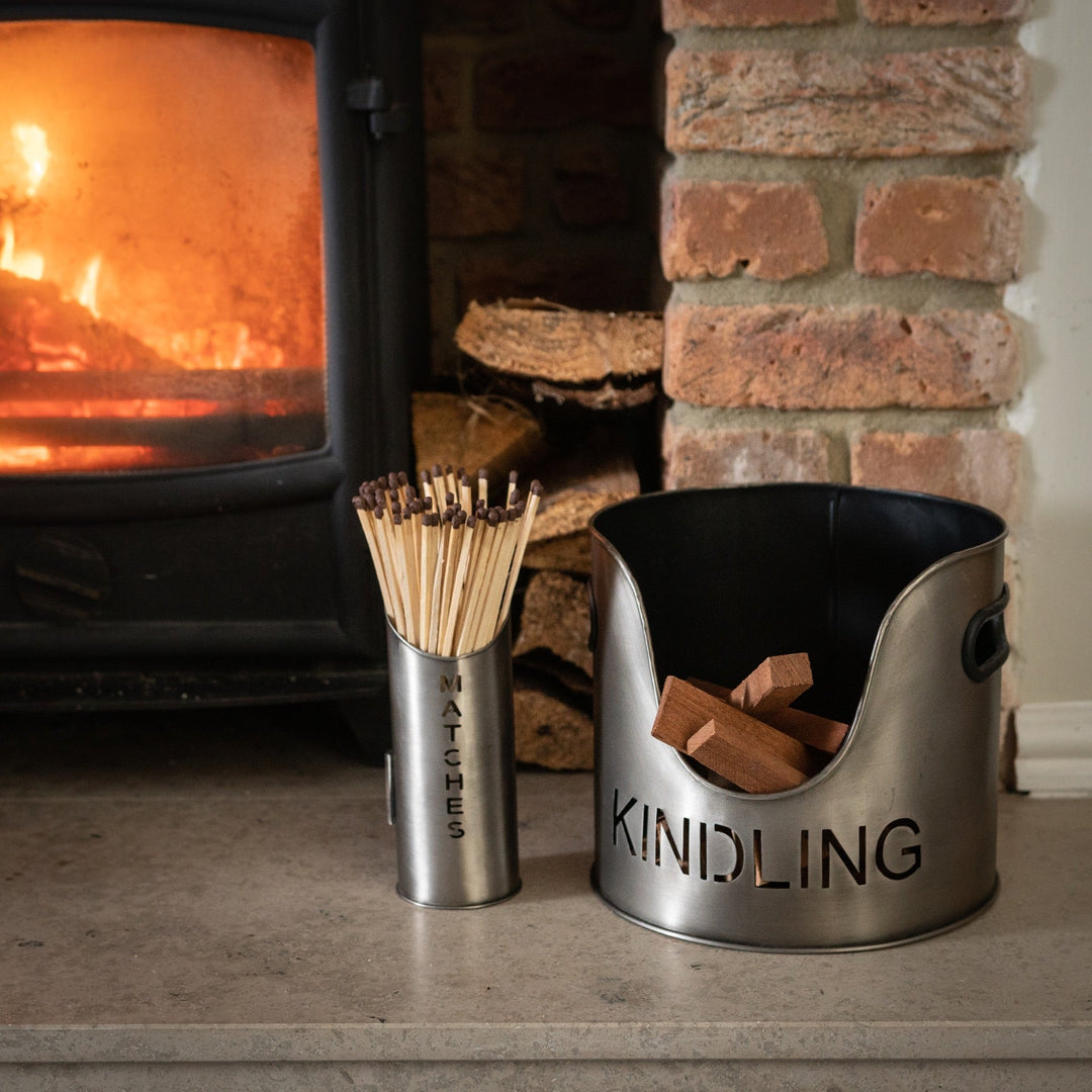 Pewter Finish Logs And Kindling Buckets & Matchstick Holder - Modern Rattan Ltd